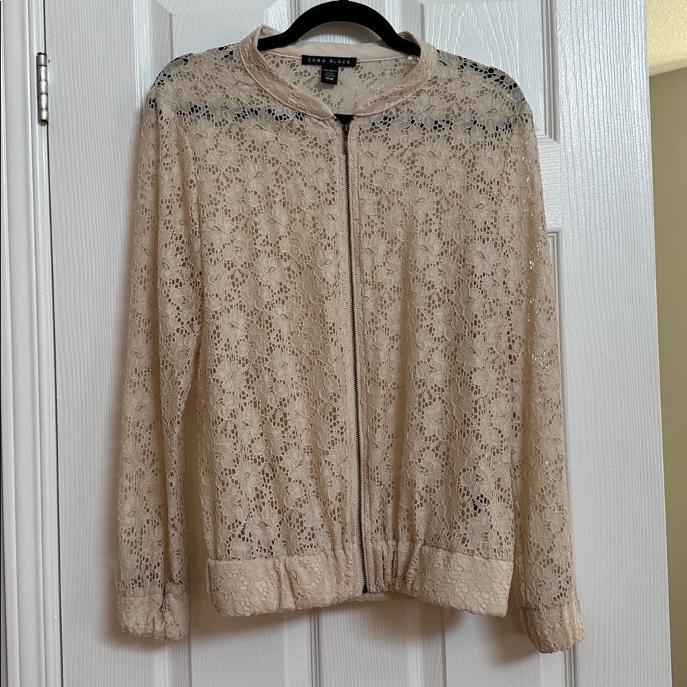 Cream Lace Oversized Bomber Jacket Zip-Up Front  Sz M
